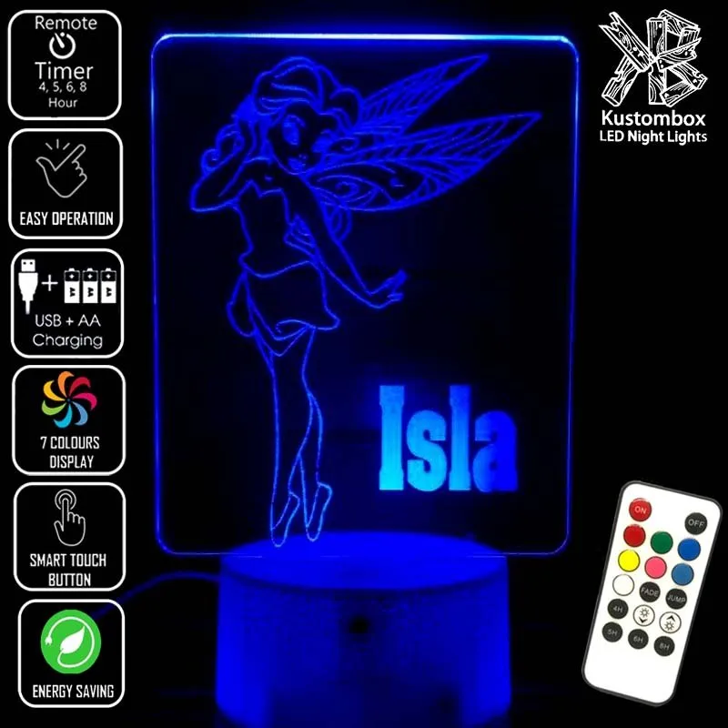 Fairy Princess Personalised Name 3D LED Night Light Childrens Lamp